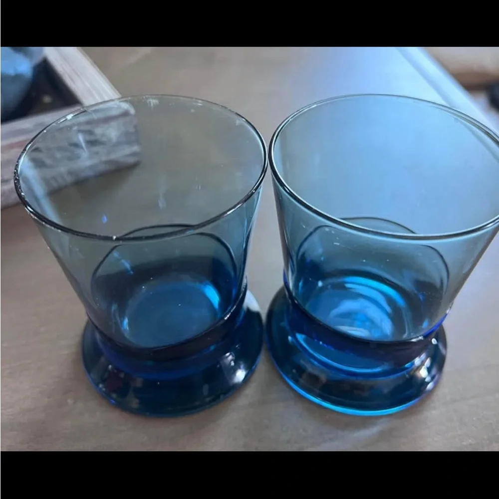PIER 1. Set of Two Blue Wavy Glass Candle Holders. Holds 1” and Tealight Candles